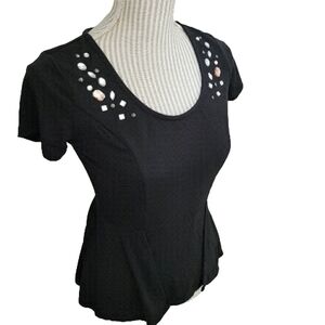 Peplum Black Blouse with Rhinestone Detailing Small Y2k Vintage